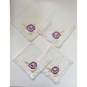 Embroidered Floral Dinner Napkins Vintage Large Square Set 4 Cottage Core Vtg